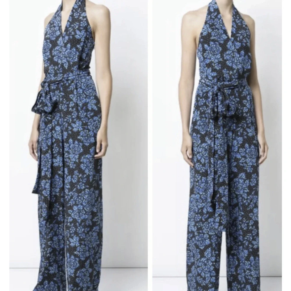 DVF Diane Von Furstenberg 100% Silk Black & Blue Halter Jumpsuit Women's Size 12 - Picture 16 of 16